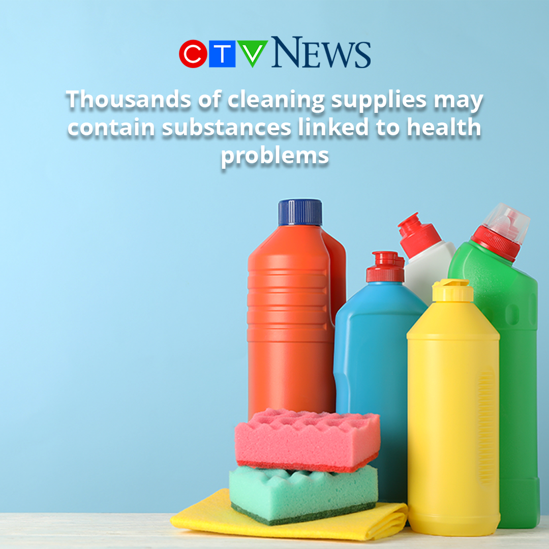 image of cleaning supplies the text reads: Thousands of cleaning supplies may contain substances linked to health problems