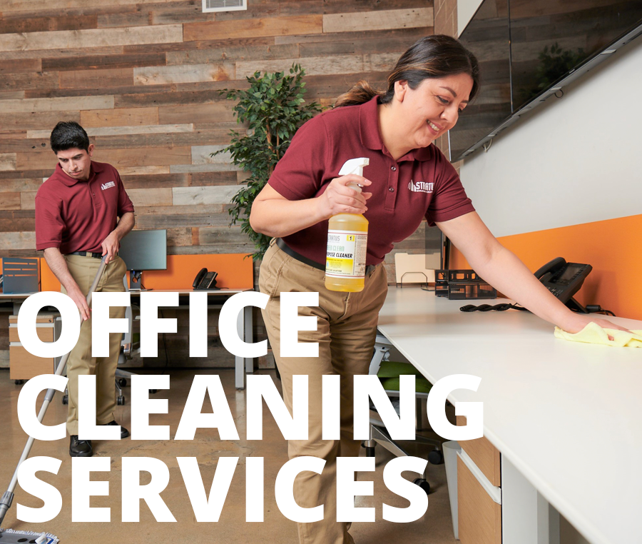 Two Stratus Business Owners Cleaning an Office Counter Tops and Floors